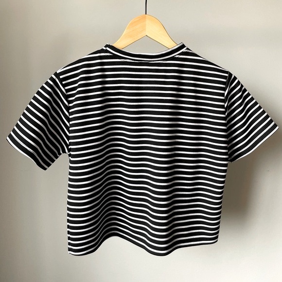 Black and White Mock Neck Boxy Stripe Short Sleeve Top - Picture 3 of 4